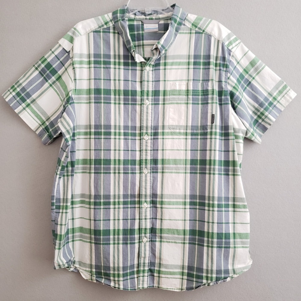 Columbia Mens XXL Short Sleeve Button Down Shirt Green Blue Plaid AM9132 Stretch